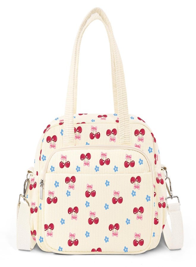 WOBAGMEN Lunch Box for Women,Insulated cherry Corduroy Lunch Tote Cute Lunch bag with Shoulder Strap, Multiple Pockets, Adult Teacher Nurse Bento Lunch Box for Women for work Picnic - Image 1